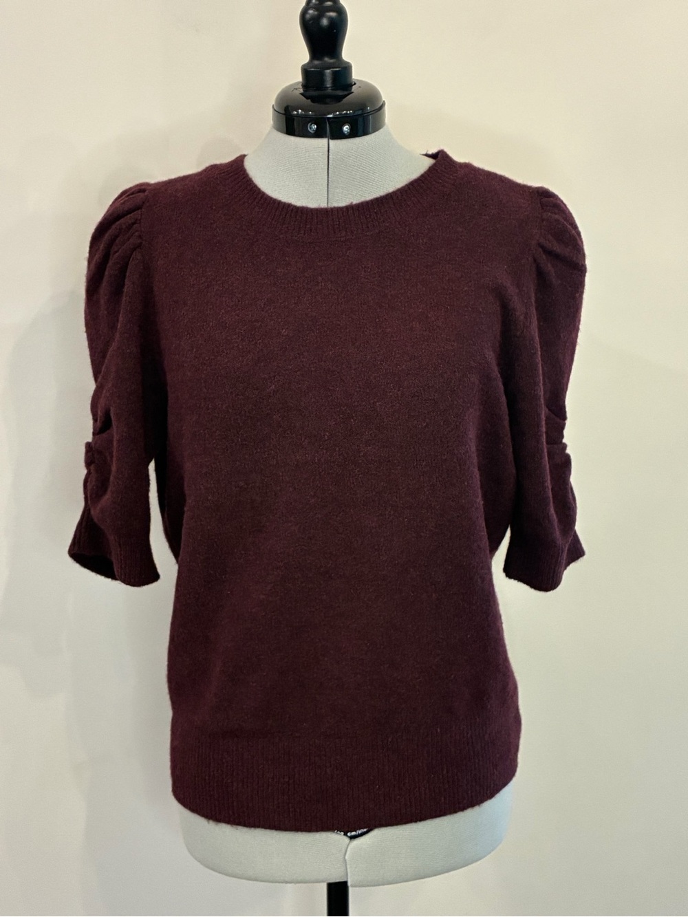 White House Black Market Burgundy Puff Sleeve Crewneck Sweater